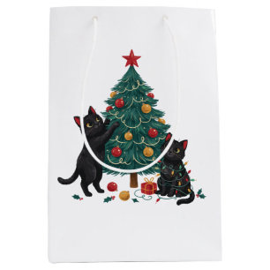 Kerst Zwarte Kat Boom Kerstlichten Vakantie Medium Cadeauzakje