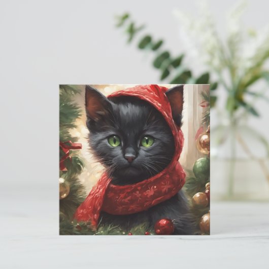 Kerst-zwarte kat feestdagenkaart (Staand voorkant)