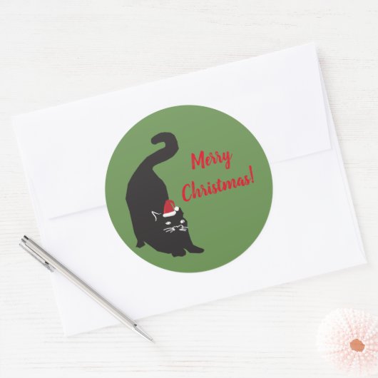 Kerst-zwarte kat ronde sticker (Envelop)