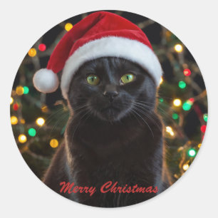 Kerst Zwarte Kat - Santa Hat Gepersonaliseerde fot Ronde Sticker