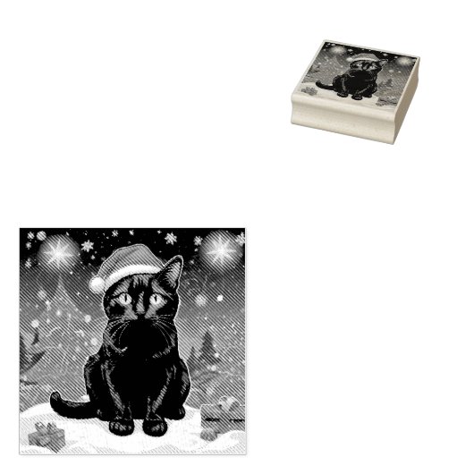 Kerst Zwarte Kat - Santa Hat Gepersonaliseerde fot Rubberstempel (Gestempeld)