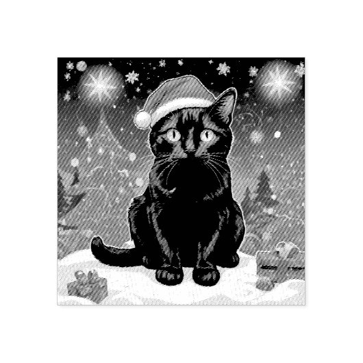Kerst Zwarte Kat - Santa Hat Gepersonaliseerde fot Rubberstempel (Afrduk)