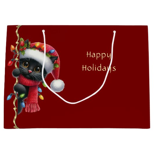 Kerst Zwarte Kat Vakantie Gift Bag Groot Cadeauzakje (Voorkant)