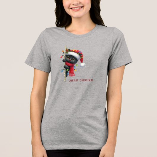 Kerst Zwarte Kat Vakantie Vrouwen Tri-Blend Shirt (Voorkant)