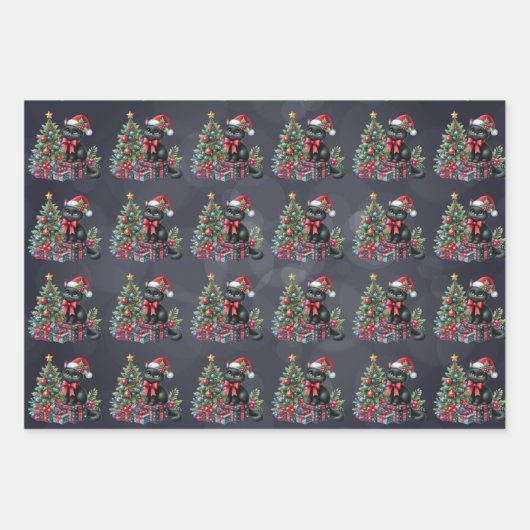 Kerst Zwarte Kittens op Zacht Zwart Inpakpapier Vel (Voorkant 3)