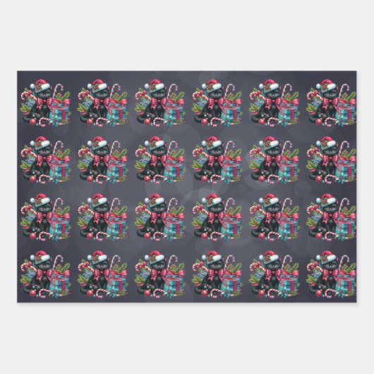 Kerst Zwarte Kittens op Zacht Zwart Inpakpapier Vel (Voorkant)