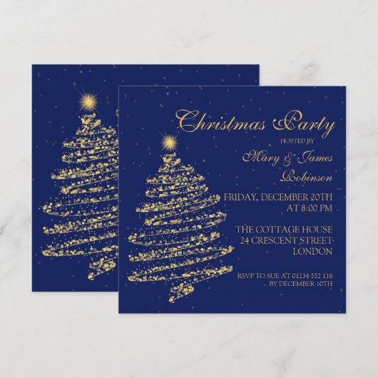 Kerst Zwirly Tree Gold & Navy Blue Kaart (Voorkant / Achterkant)