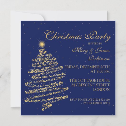 Kerst Zwirly Tree Gold & Navy Blue Kaart (Voorkant)