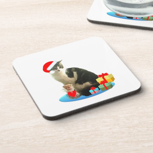 Kerstabel kat en schattige kleine engel onderzetter (Linkerzijde)