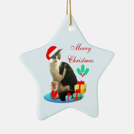 Kerstabel kat, kleine engel en cadeaus keramisch ornament (Rechts)