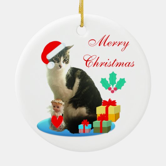 Kerstabel kat, kleine engel en cadeaus keramisch ornament (Achterkant)