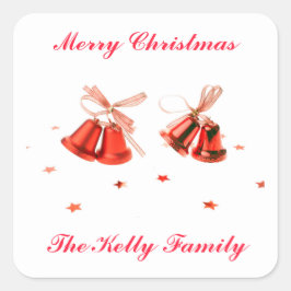 Kerstabel met rode kerstcellen, versierd met tekst vierkante sticker