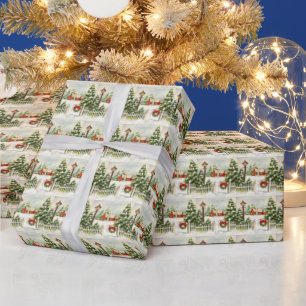 Kerstabel rode kattenlantaarns met bomen cadeaupapier