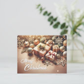 Kerstachtergrond met sneeuwvlokken en geschenkdoos feestdagenkaart (Staand voorkant)