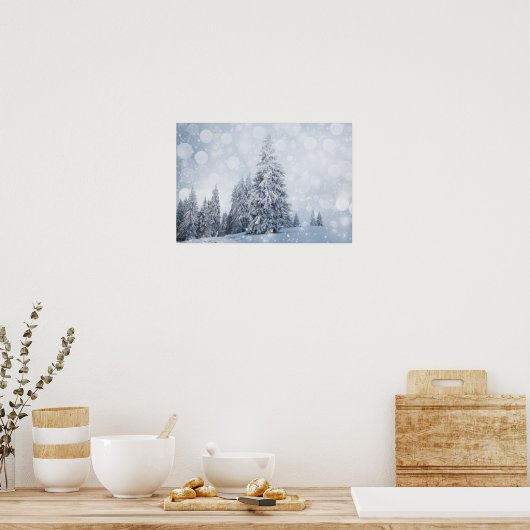 Kerstachtergrond met Snowy Fir Trees Poster (Keuken)