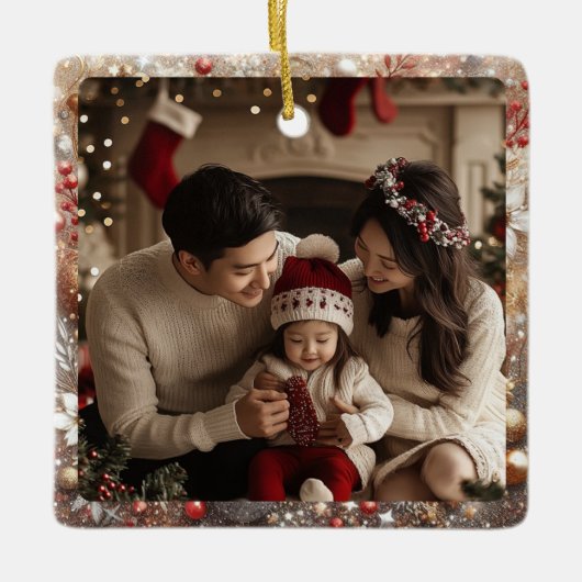 Kerstachtergrond | Minimale familiefoto Keramisch Ornament (Voorkant)