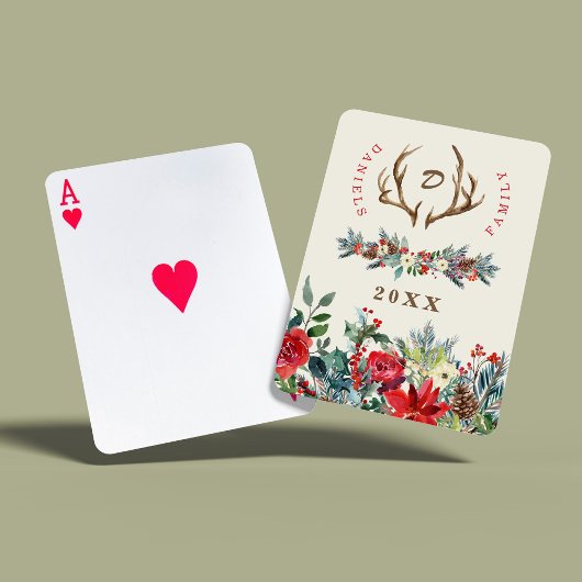 Kerstachtige familienaam waterverf pokerkaarten