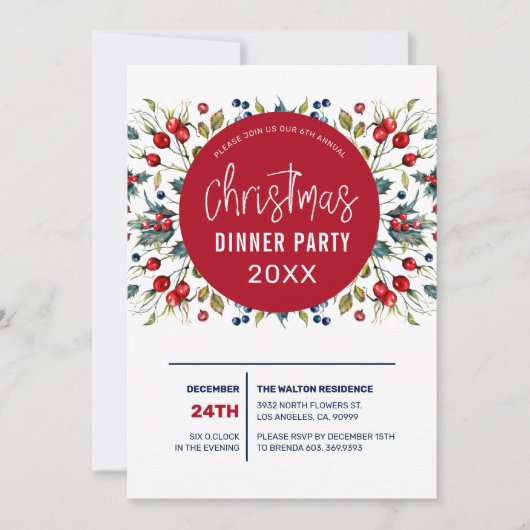 Kerstachtige rode bessen en groenbladeren feestdagenkaart (Voorkant)