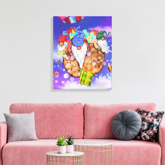Kerstadoek Afdrukgnomen die met cadeautjes vliegen Canvas Afdruk (Insitu (Woonkamer))
