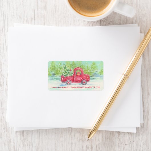 Kerstadres Label Red Pickup Truck (Insitu)