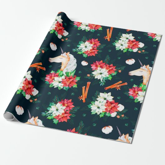 Kerstaeeenhoorn en poinsettia cadeaupapier (Uitgerold)