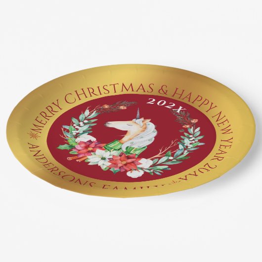 Kerstaeeenhoorn en poinsettia papieren bordje (Gekanteld)