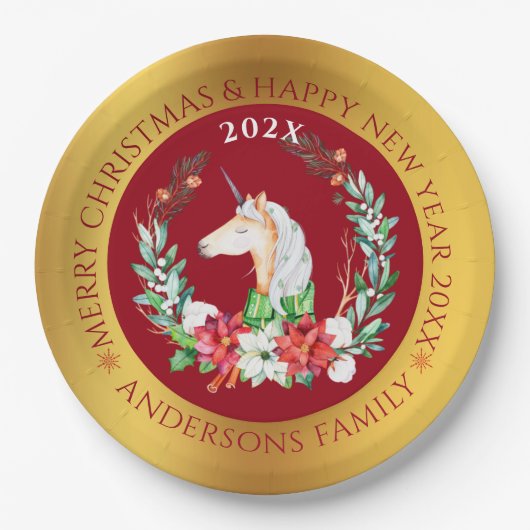 Kerstaeeenhoorn en poinsettia papieren bordje (Voorkant)