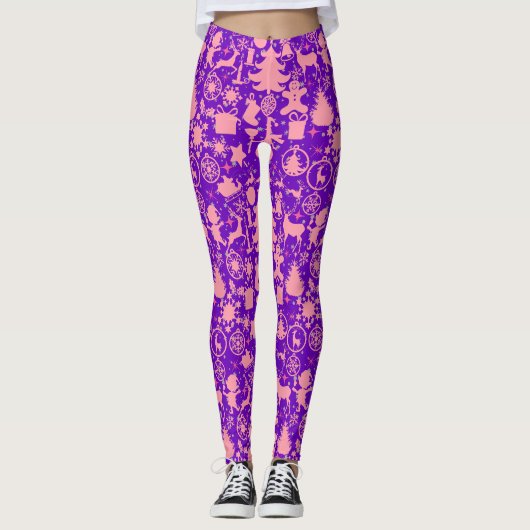 Kerstafbeeldingen in Roze en Paars Leggings (Voorkant)