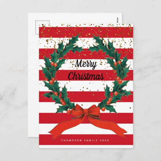 Kerstaffels Holly Berries Wreatse Stripes Feestdagenkaart (Voorkant / Achterkant)