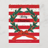 Kerstaffels Holly Berries Wreatse Stripes Feestdagenkaart (Voorkant)