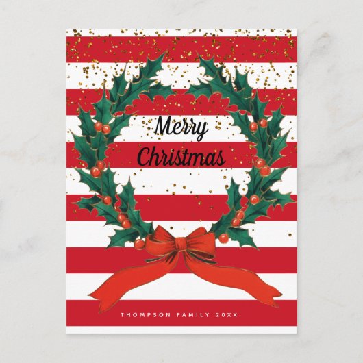 Kerstaffels Holly Berries Wreatse Stripes Feestdagenkaart (Voorkant)