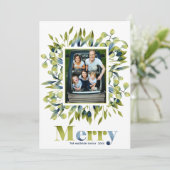 Kerstafoto van Merry Green Blue Foliage Feestdagenkaart (Staand voorkant)