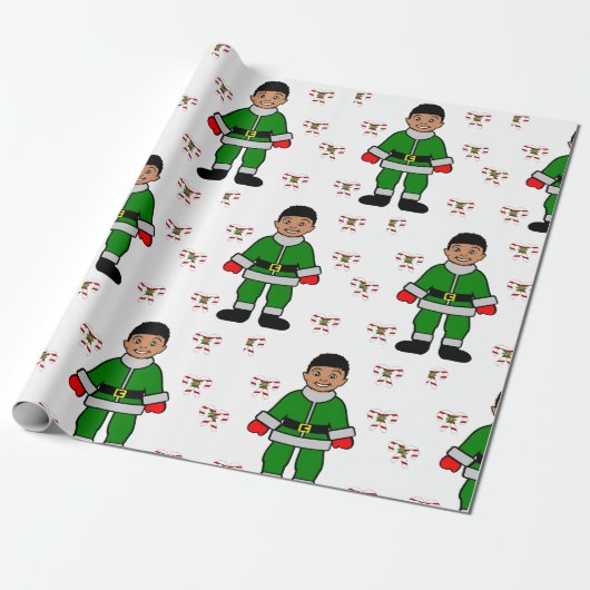 Kerstafro Boy Kind Cute Elf Cadeaupapier (Uitgerold)