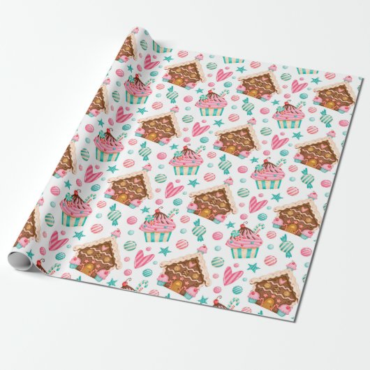 Kerstagebak, Snoep en cupcakes Cadeaupapier (Uitgerold)