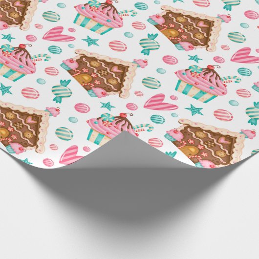 Kerstagebak, Snoep en cupcakes Cadeaupapier (Hoek)