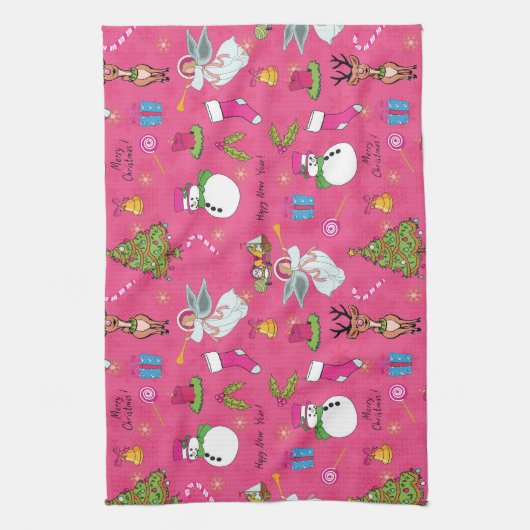 Kerstagel, herten en sneeuwpoppen theedoek (Verticaal)