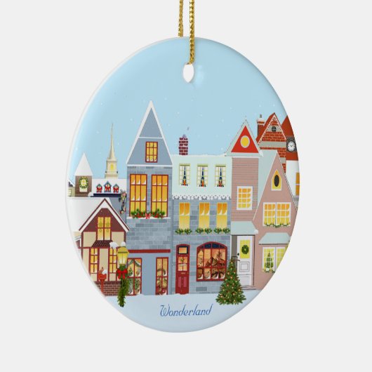 Kerstahuizen met blauwe lucht keramisch ornament (Rechts)