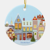 Kerstahuizen met blauwe lucht keramisch ornament (Voorkant)