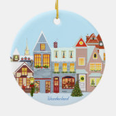 Kerstahuizen met blauwe lucht keramisch ornament (Achterkant)