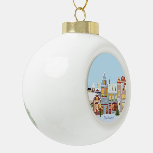 Kerstahuizen met blauwe lucht keramische bal ornament (Links)