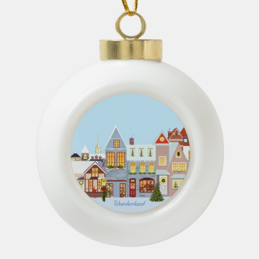 Kerstahuizen met blauwe lucht keramische bal ornament (Voorkant)