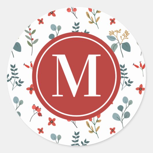 Kerstairbessen monogram Eucalyptus Ronde Sticker (Voorkant)