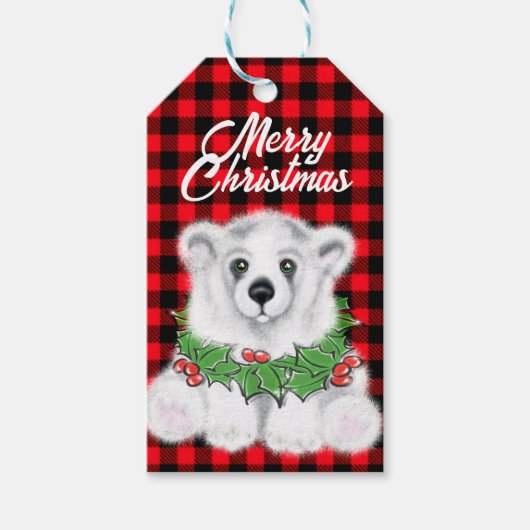 Kerstaire beren, braadbramen, holly bessen, met ad cadeaulabel (Voorkant)