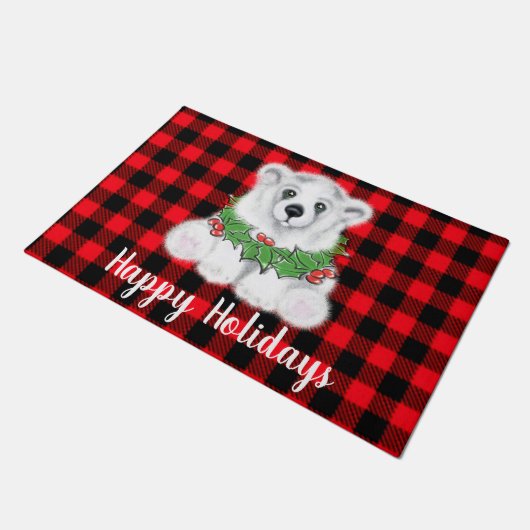 Kerstaire beren, braadbramen, holly bessen, met ad deurmat (Schuin)