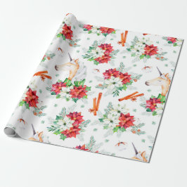 Kerstaire eenhoorn-rode en witte poinsettia cadeaupapier