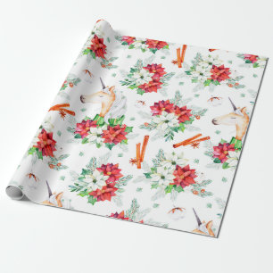 Kerstaire eenhoorn-rode en witte poinsettia cadeaupapier