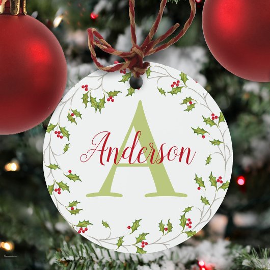 Kerstaire feestdag Red Holly Monogram Metalen Ornament