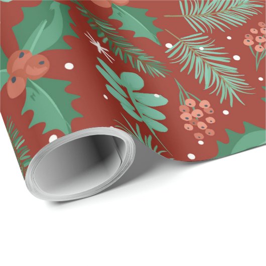 Kerstaire holly- en pijnboomkegel cadeaupapier (Rol Hoek)