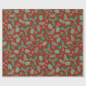 Kerstaire holly- en pijnboomkegel cadeaupapier (Vlak)