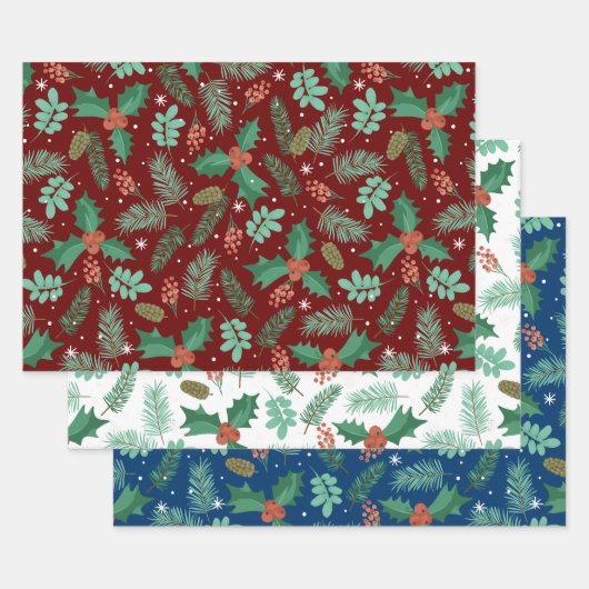 Kerstaire holly- en pijnboomkegel inpakpapier vel (Set)